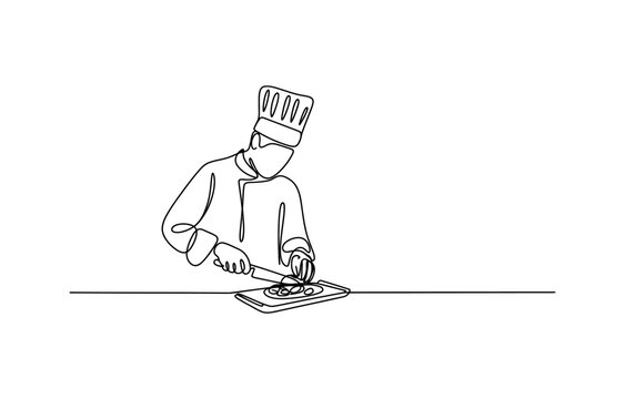 Continuous line drawing of a professional chef cooking food