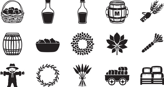 Black and white autumn harvest and agricultural vector icons set featuring wine bottles wooden barrels wreaths and scarecrow