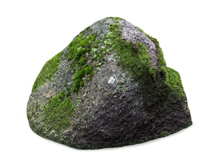 Large textured granite boulder with green moss isolated on white background. © fotomaster