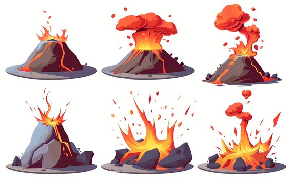Set of six cartoon style vector illustrations for volcanic eruption. Nature disaster concept with erupting volcano and lava flows. Game asset design element for mobile and pc platform.