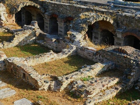 Ancient shops ruins of the Roman Agora or Market, in Thessaloniki, Greece