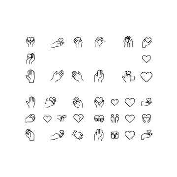 Charity icons set with 24 simple white line icons arranged in a 6x4 grid featuring hands, hearts, giving gestures, donation symbols with line art and minimalist style
