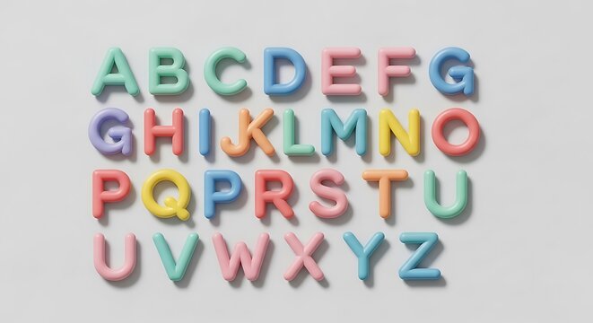 Set of colorful 3d alphabet letters with soft pastel colors and shadows for creative design projects