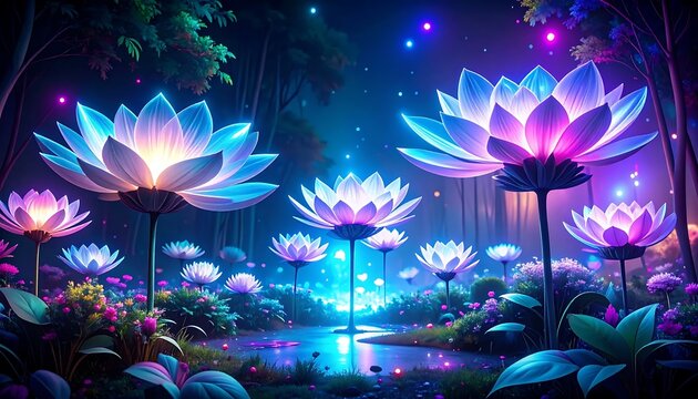 Vibrant abstract digital art with neon flowers and butterflies.