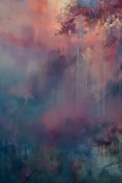 Abstract painting depicting an atmospheric sunset sky with clouds, vibrant gradient colors and texture, fine art background