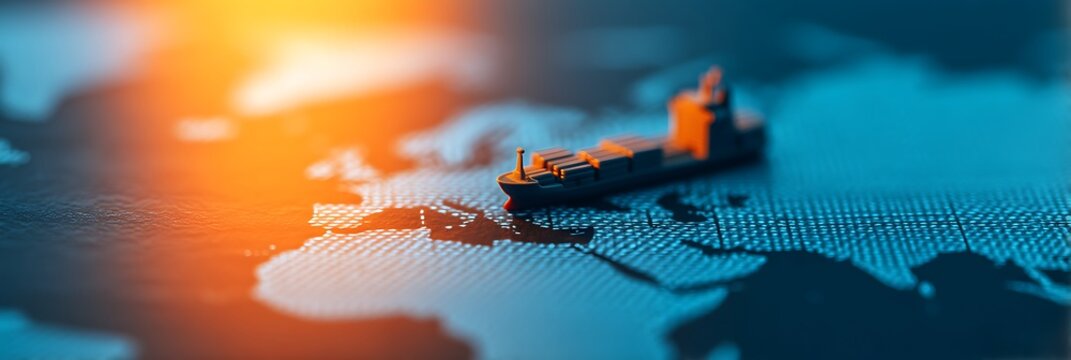 A miniature cargo ship model rests on a digital world map, symbolizing global shipping and international trade in a futuristic setting.