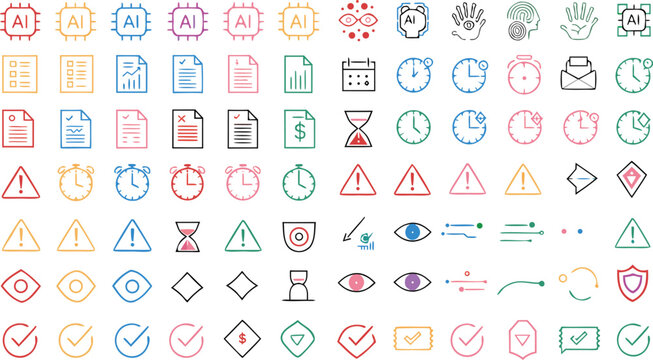 Artificial intelligence big data icon set with documents security shields clocks warnings and analytics checkmarks