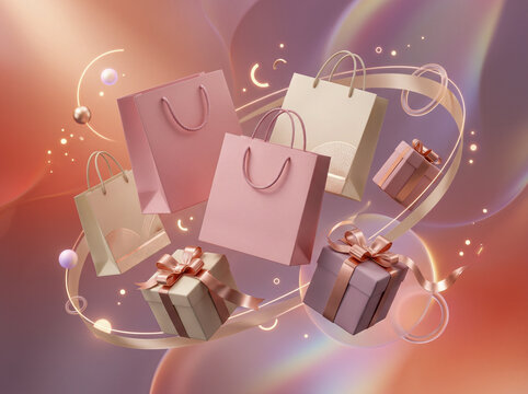 Pastel pink and cream floating shopping bags and luxury gift boxes with ribbons on an abstract soft glowing pastel background for promotional sale, holiday shopping, or luxury marketing