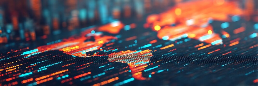 Close-up of a digital data stream visualized with vibrant orange and blue light streaks, representing technology and information flow.