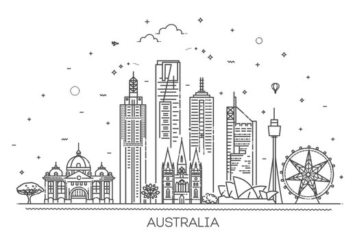 Australia architecture line skyline illustration. Linear vector cityscape with famous landmarks