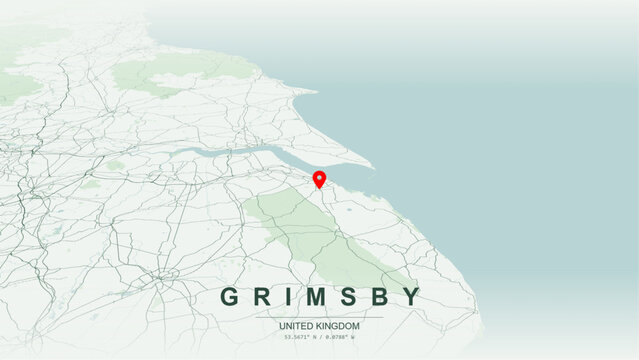Modern minimalist vector map of Grimsby, Lincolnshire, England. High-quality scalable illustration of Grimsby geographic boundaries along Humber Estuary foreshore for posters design.