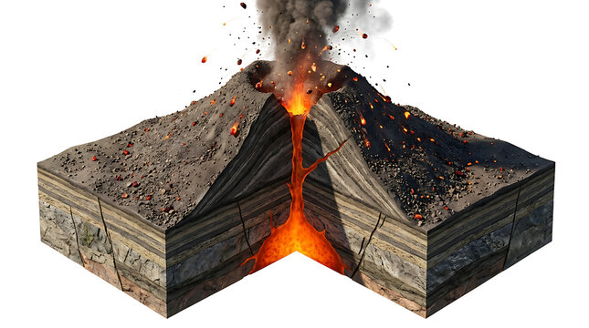 Cross section of an erupting volcano showing magma layers isolated on white