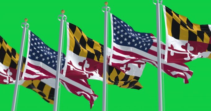 Maryland and the american national flags isolated on green background