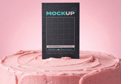 Vertical Card Stuck on Pink Frost Cake Mockup
