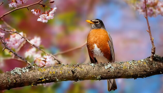 American Robin Perched On A Tree Branch In Spring