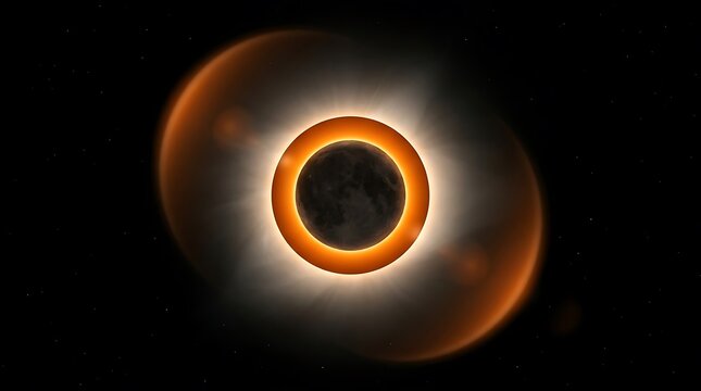 Total solar eclipse with glowing ring of fire in deep space against dark starry sky