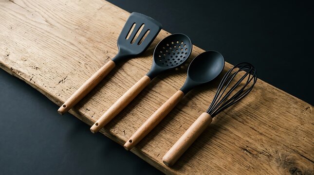 Wooden cutting board with knife, whisk, and measuring spoons on rustic surface