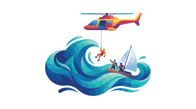 Helicopter rescue operation for sailors in distress at sea.
