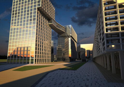 modern building in the city at sunset, 3d rendering
