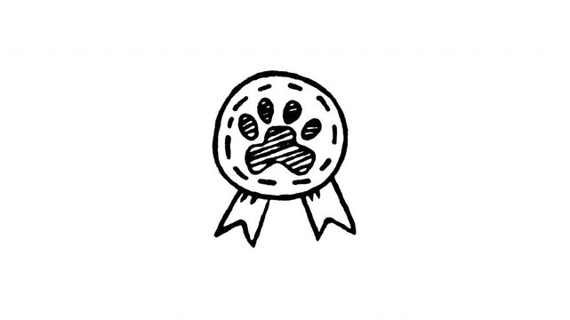 Animated doodle quality paw certificate icon. 4K frame by frame line art on black and green screen chroma key background for award ribbon, pedigree certification, vet approval, and animal honor.