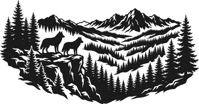 Black and white vector illustration of two wolves standing on a rocky cliff overlooking a mountain forest