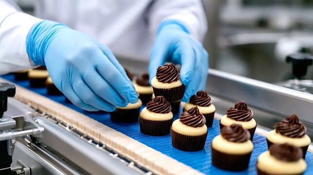 Worker inspecting cupcakes on a food production conveyor belt