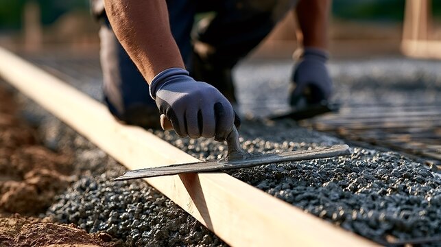 Worker troweling fresh concrete for new foundation