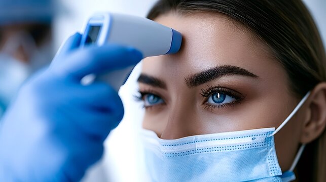 Doctor checking female patient's temperature with infrared thermometer
