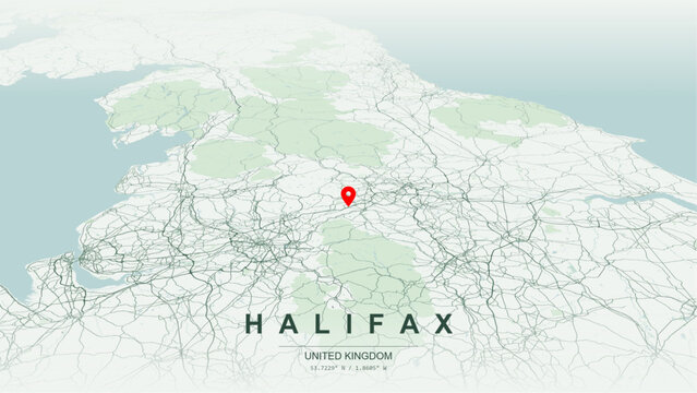 Modern minimalist vector map of Halifax, West Yorkshire, England. High-quality scalable illustration of Halifax geographic boundaries along River Hebble contours for posters design.