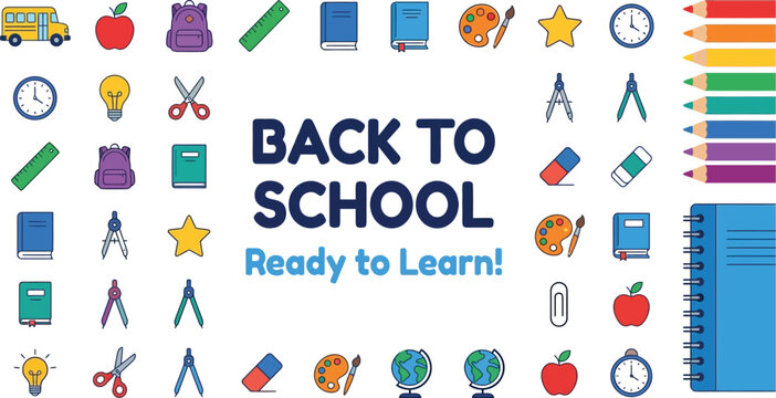 School supplies arranged neatly frame the text label celebrating the return to classroom learning for students.