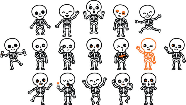 Set of cute hand drawn skeleton characters in various poses for a fun and spooky halloween design project