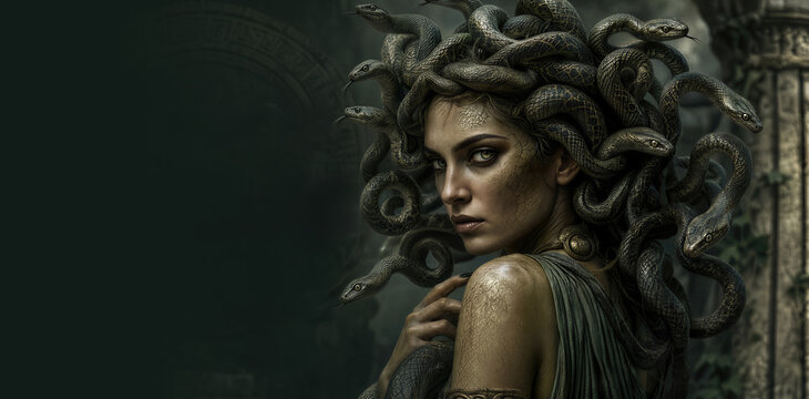 Medusa the woman with snakes instead of hair in ancient temple ruins. Mythological Greek gorgon monster portrait for World Snake Day. Banner with copy space
