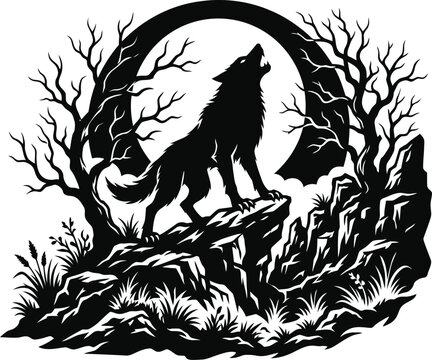 Black and white illustration of a lone wolf howling at the full moon on a rocky cliff