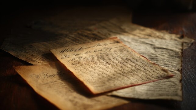 Vintage parchment manuscripts resting upon a dark wooden table surface