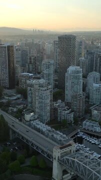 Aerial view of the skyscrapers in Downtown of Vancouver at dawn, Canada