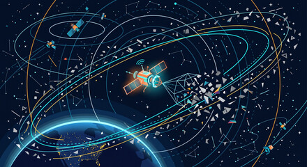Fototapeta premium Satellite orbiting earth with space debris surrounding planet in deep outer space concept.