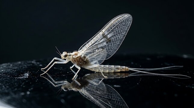 A delicate mayfly insect standing on a dark reflective surface with detailed transparent wings