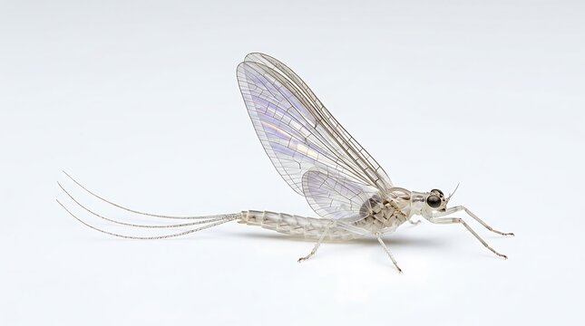A small mayfly insect with delicate transparent wings and long tail filaments