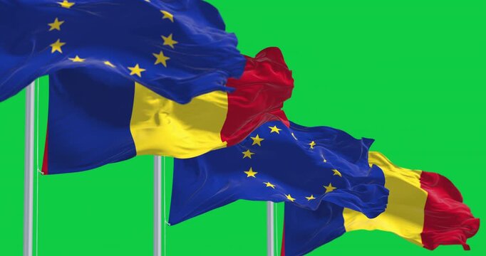 Romania and European Union flags waving isolated on green background