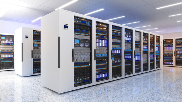 White storage and processing unit, large AI processing server room, data center storage and network processing room, SSD and hard disk drive storage, and processor cooling system,3D rendering