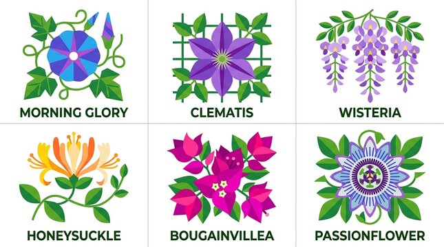 Vibrant collection of popular flowering vines and climbing plants including morning glory clematis and passionflower rendered in a flat vector illustration style for botanical designs and garden theme
