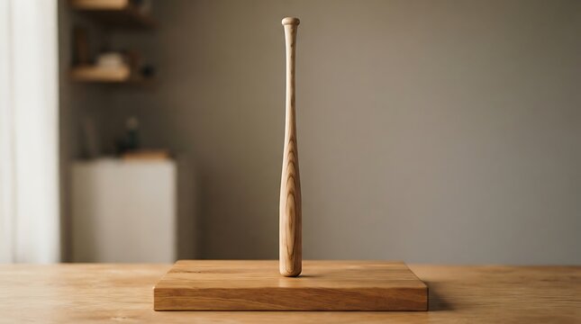 Wooden baseball bat standing upright on a wooden block.