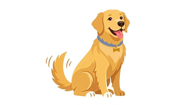 Happy golden retriever sitting. Cute dog illustration with wagging tail on white background.