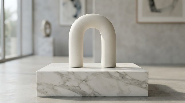 Modern white marble paperweight with smooth arch design on table.