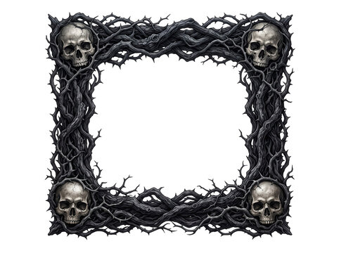 Gothic square frame with skulls and thorny vines isolated on transparent background