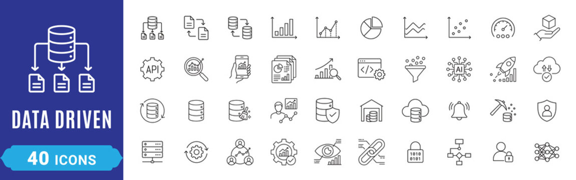 Data driven line editable icons set, modern thin line icons business intelligence, ai, database, dashboard, cloud computing, api, machine learning, vector line icon collection