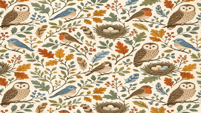 Seamless Autumn Bird Pattern with Owls Robins Nests and Fall Oak Leaves on Cream Background