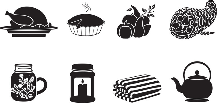 Black and white Thanksgiving and cozy autumn vector icons set featuring roast turkey pie and cornucopia