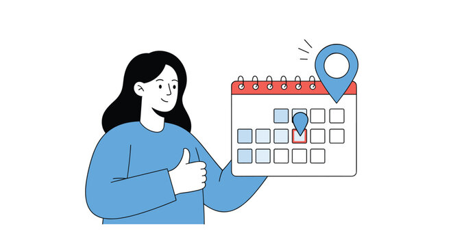 Happy young woman showing a calendar with location pins to schedule a meeting and giving a friendly thumbs up gesture.