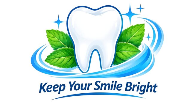 White shiny tooth icon surrounded by fresh mint leaves on blue splash background